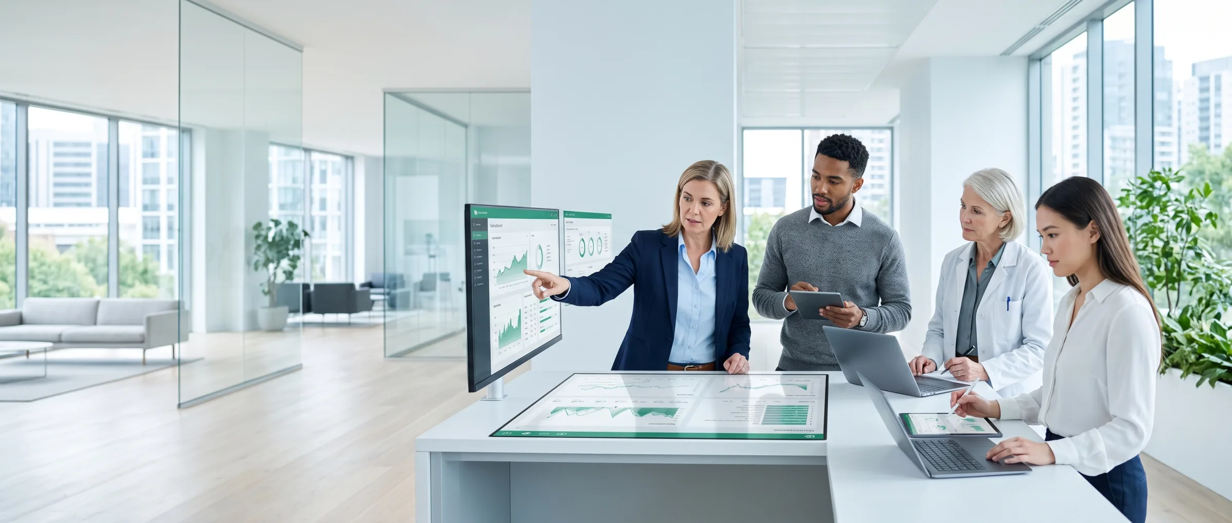 A diverse clinical and research team reviews data dashboards together in a bright room.