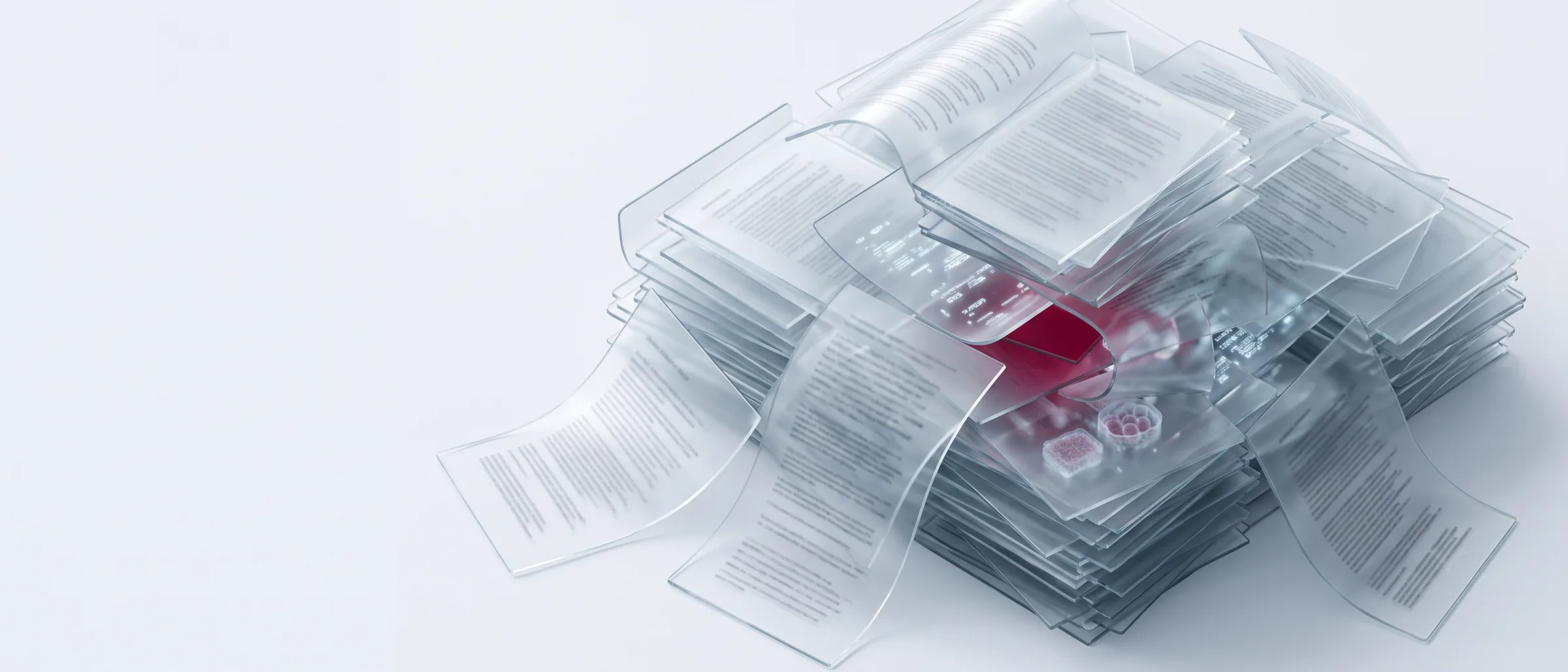 Translucent clinical documents piled up in disarray, with valuable data trapped inside.